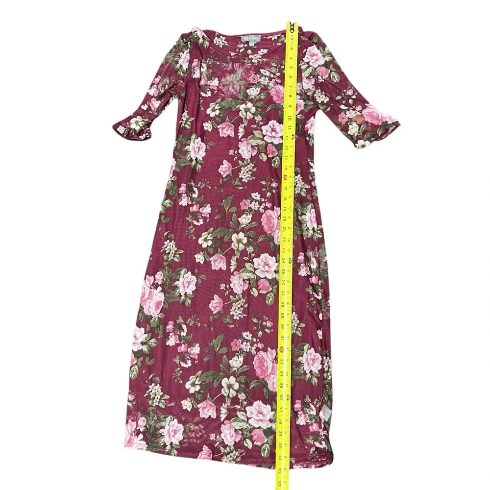Rags to Wishes Women’s Plum Floral Print Short Sleeve Dress w/ Sheer Overlay - Picture 4 of 7